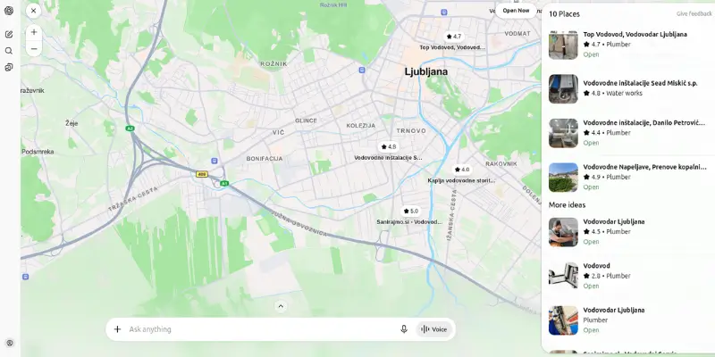 ChatGPT lokalni zadetki na zemljevidu za iskanje vodovodar Ljubljana, ki prikazujejo lokalna podjetja za vodovodne inštalacije v AI iskalniku