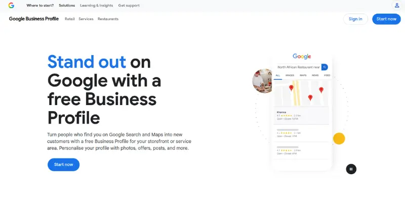 Uradna spletna stran Google Business Profile z napisom Stand out on Google with a free Business Profile za lokalni SEO marketing